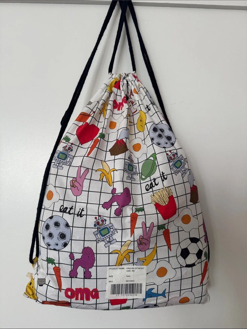 Kip&Co Grid Critters Quilt Cover with Colorful Food & Icons